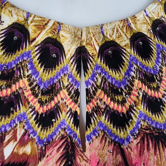 Chicos Peacock Floral Print Beaded Smocked Waist Blouse Size 3 US XL Artsy Boho - Picture 6 of 12